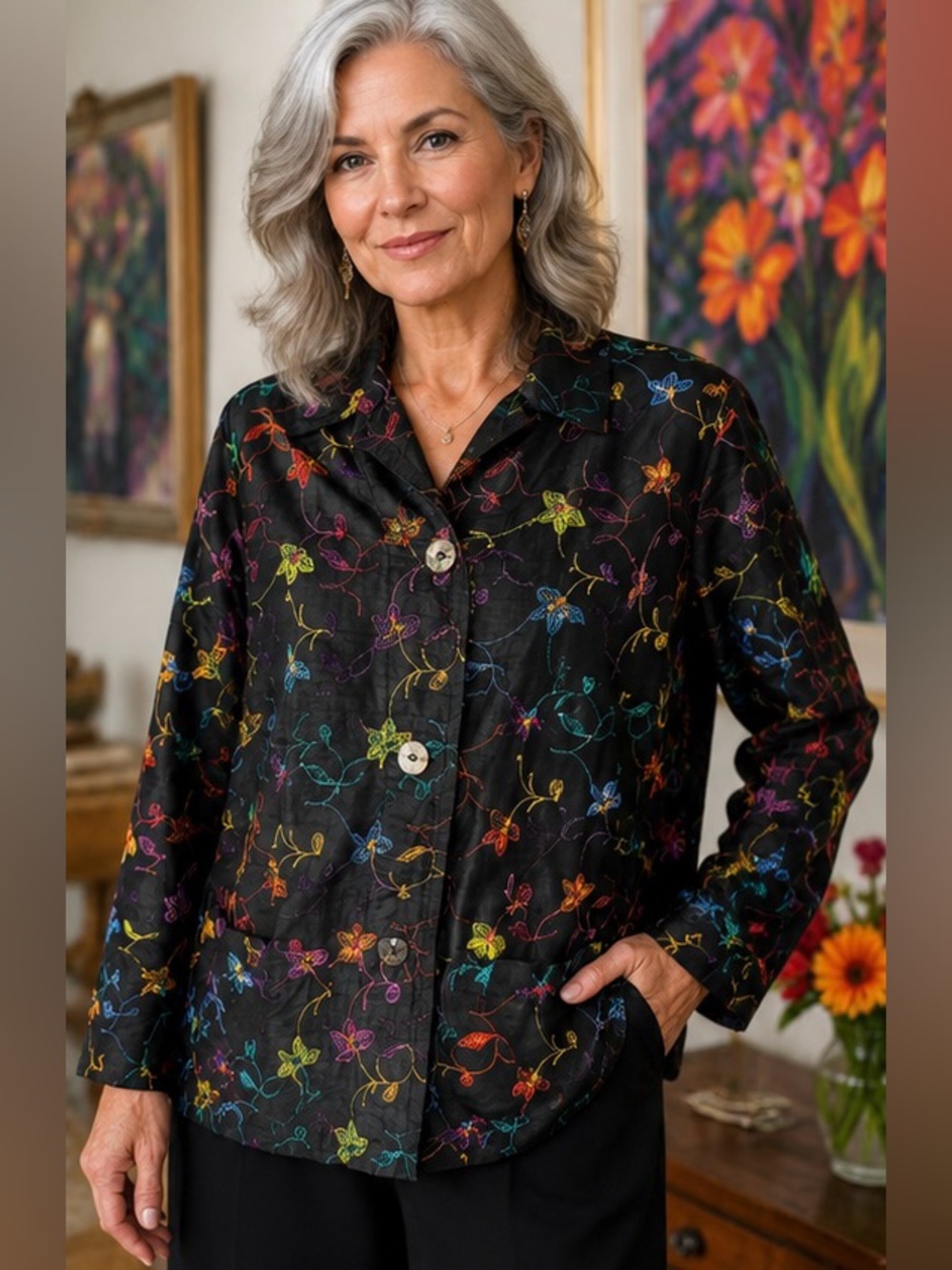 Chico's Silk Embroidered
Jacket Blazer - Floral & Butterfly
Artwear - Size 1/M